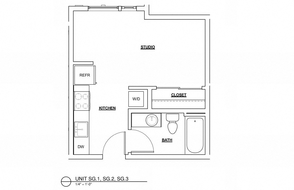 Floor plan for studio, 1 bath, 364 sqft